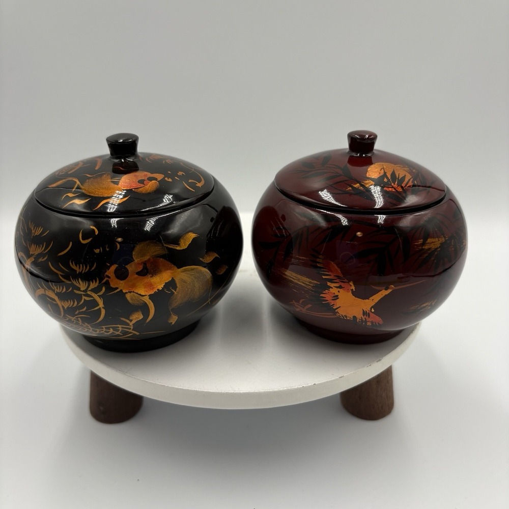 Vtg Asian lacquerware trinket boxes Set Of 2 hand-painted Red Black